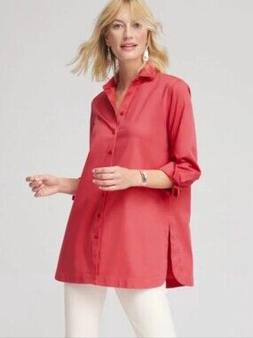 Chico’s No Iron Red Tunic Button Down Shirt 3/4 Sleeve Travel Top Size 2 L